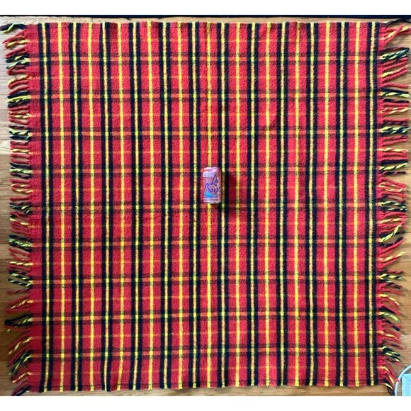 Vintage Plaid Blanket Orange Yellow Black 60s 70s Mod MCM Fringe Retro - Picture 4 of 4